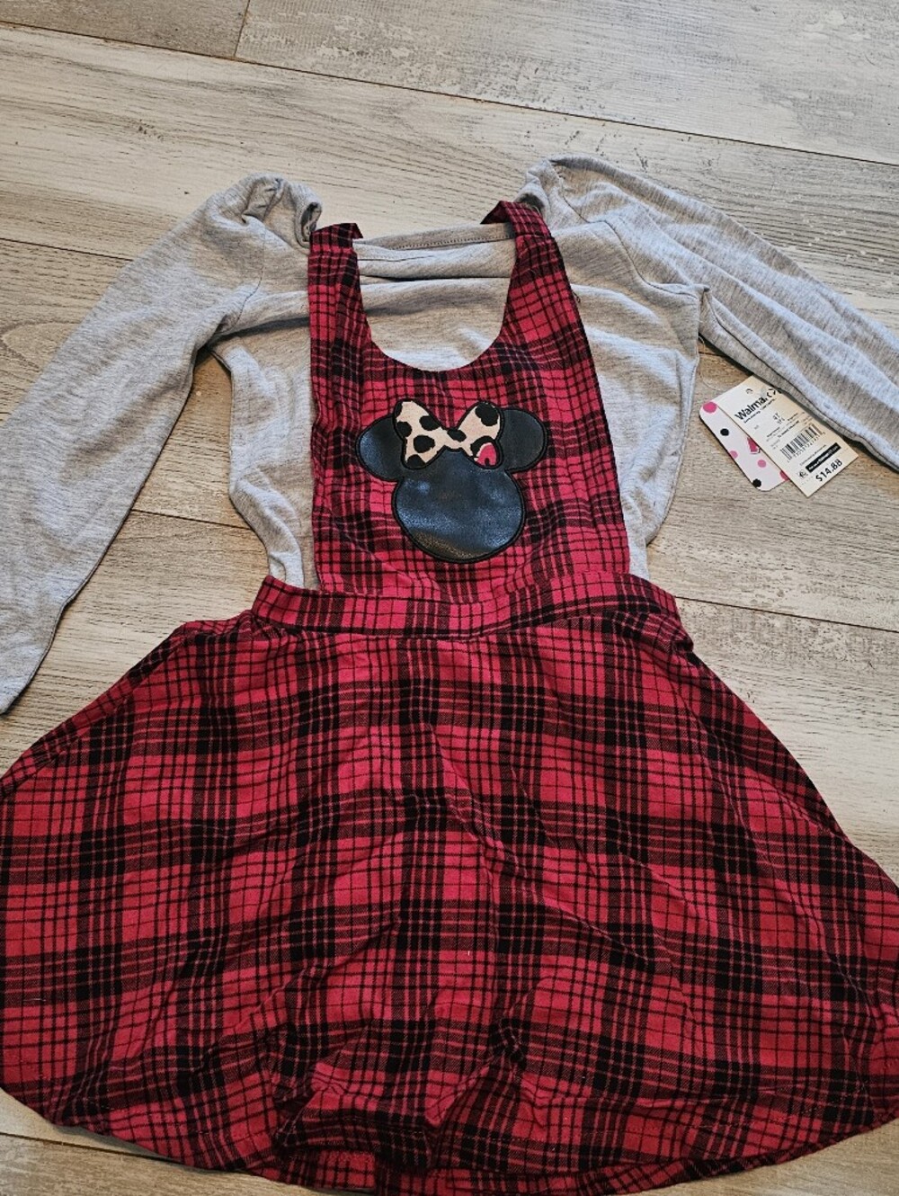 Red & Black Plaid Pinafore Dress with Minnie Mouse